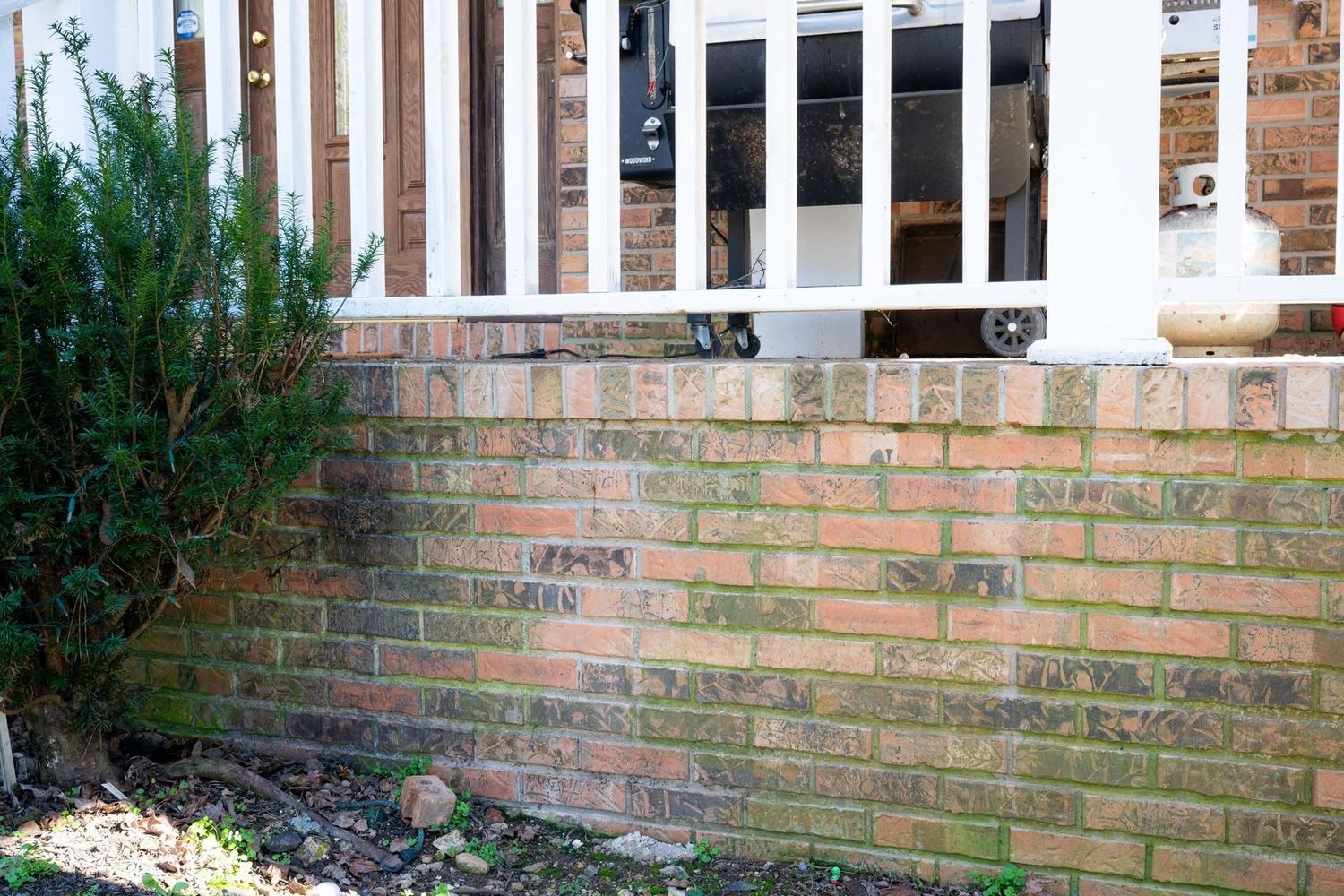 Brick exterior with algae staining before cleaning