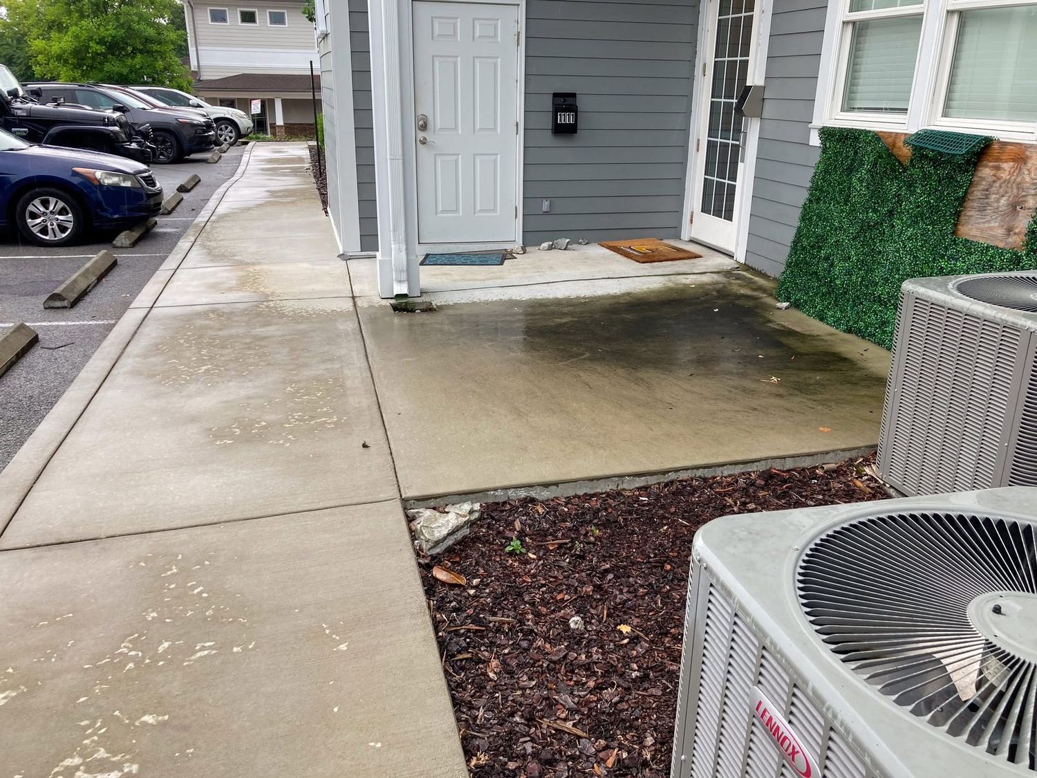Concrete patio dulled with organic buildup before cleaning